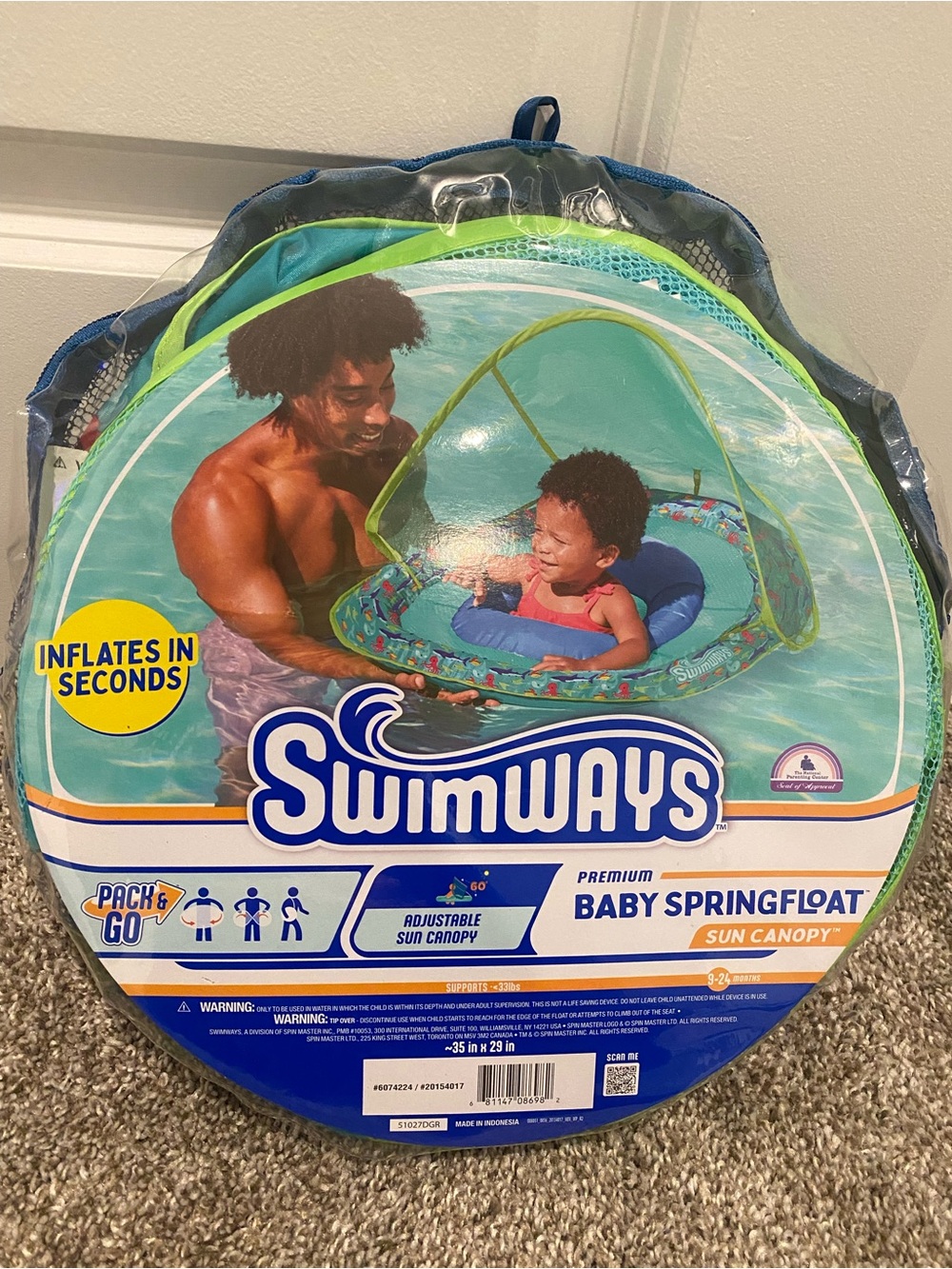 Brand new Premium Baby SpringFloat with Sun Canopy - Teal/Blue floaty float pool